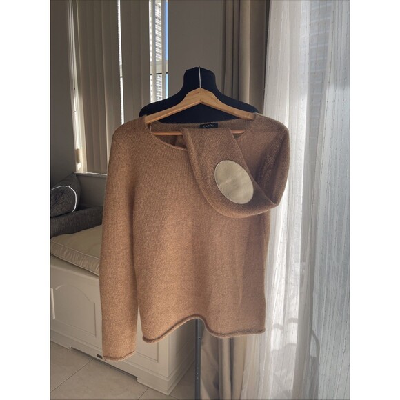 CAROLL Paris Lightweight Wool Mohair Blend Tan Sweater Gold Elbow Patch L - Picture 1 of 9